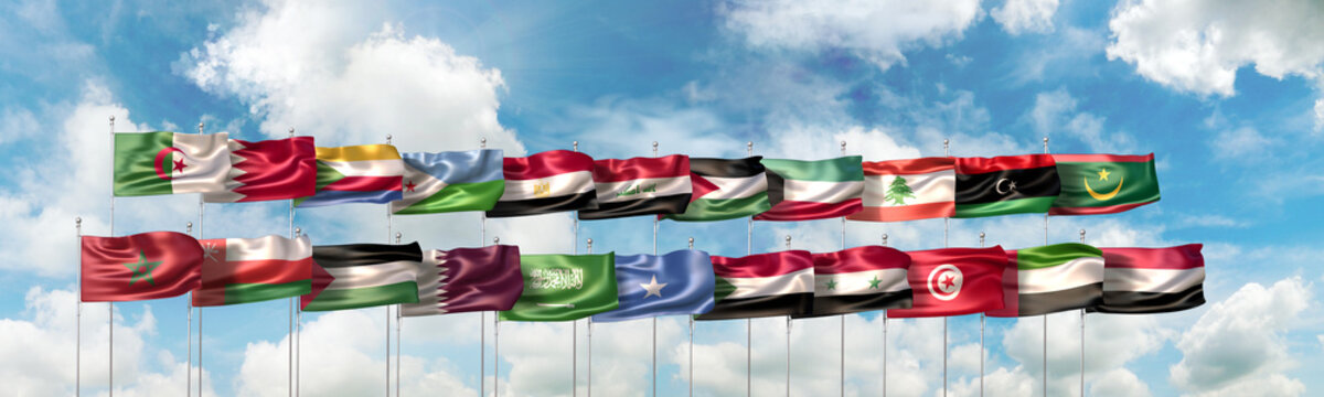 3D Illustration with the national flags of the 22 countries which are member states of The Arab League organization