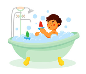 Obraz na płótnie Canvas Boy taking a bath - colorful flat design style illustration