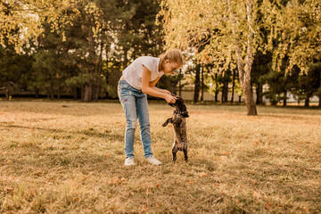 Teenager blonde girl with big glasses laughing and playing with little puppy spaniel in the warm...