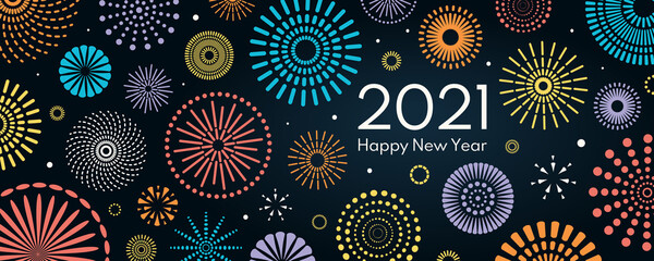 Colorful fireworks 2021 New Year vector illustration, bright on dark blue background, text Happy New Year. Flat style abstract, geometric design. Concept for holiday decor, card, poster, banner, flyer - obrazy, fototapety, plakaty