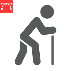 Old man with cane glyph icon, disability and pensioner, old man with walking stick sign vector graphics, editable stroke solid icon, eps 10.