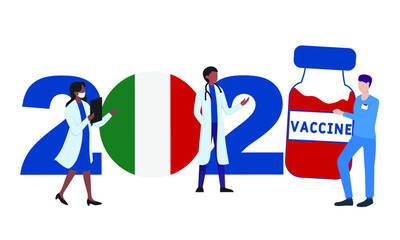 2021 year. Covid-19 vaccine with italy flag and doctors on white background. Greeting card on the theme of fighting the COVID-19 epidemic with the hope of receiving a vaccine by 2021