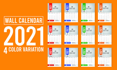 2021 Wall Calendar Design with 4 color variations. Print Ready Format with high-quality.  
