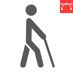 Blind man with walking stick glyph icon, disability and blindness, blind person sign vector graphics, editable stroke solid icon, eps 10.