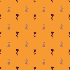 Contrast tulip shapes seamless stylized pattern. Simple flower ornament on orange background.