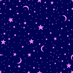 Obraz na płótnie Canvas Pink stars and moons on the blue background. Seamless vector illustration. 