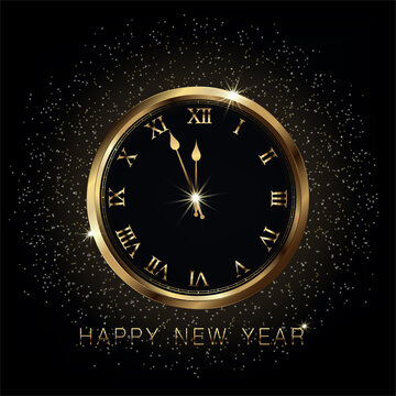 Shiny gold clock on Luxury glowing black background with bright lights and golden sparkles for New year or Merry Christmas or Xmas holiday,Vector illustration