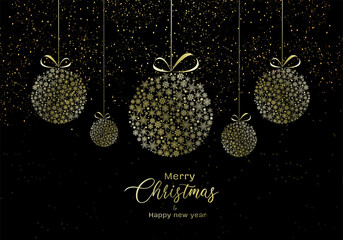 Merry Christmas black background with star and festive decoration, and text - Merry Christmas and Happy New Year, new year concept designs, vector, illustration.