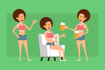 Cartoon flat funny sport woman character in shirt, jeans shorts and sunglasses. Ready for animation. Girl holding beer mugs, resting and showing okay sign. Isolated on green background. Vector set.