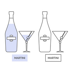 Bottle and glass martini line art in flat style. Restaurant alcoholic illustration for celebration design. Design contour element. Beverage outline icon. Isolated on white background in graphic style