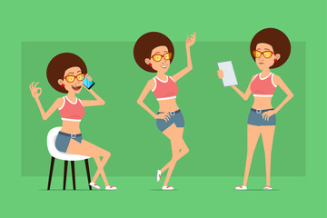Cartoon flat funny sport woman character in shirt, jeans shorts and sunglasses. Ready for animation. Girl talking on phone, posing and showing okay sign. Isolated on green background. Vector set.