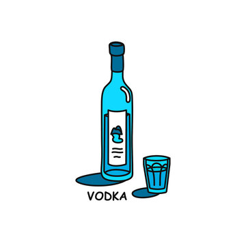 Vodka bottle and glass outline icon on white background. Colored cartoon sketch graphic design. Doodle style. Hand drawn image. Party drinks concept. Freehand drawing style