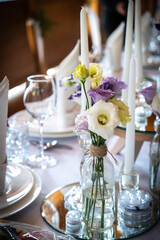 Flowers restaurant decoration for weddind table of newlyweds celebration