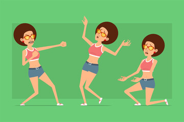 Cartoon flat funny sport woman character in shirt, jeans shorts and sunglasses. Ready for animation. Girl fighting, falling back and standing on knee. Isolated on green background. Vector set.