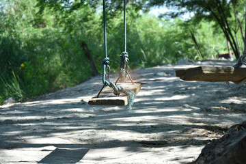 Empty swings wood hanging on ropes under the big tree.