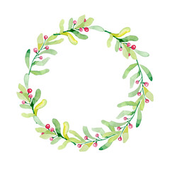 Watercolor colorful greeting decoration Christmas wreath with holly berries. Happy New Year card