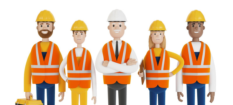 Industrial workers. A team of builders wearing safety vests and hard hats. 3D illustration in cartoon style.