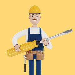 Electrician builder with a large screwdriver in his hands. 3D illustration in cartoon style.