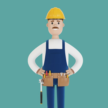The builder in a helmet and with tools. Construction worker. 3D illustration in cartoon style.