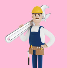 Craftsman with a large wrench. 3D illustration in cartoon style.