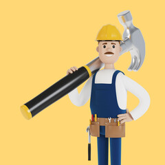 A builder with a hard hat and a big hammer. Construction worker. 3D illustration in cartoon style.