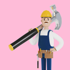 A builder with a hard hat and a big hammer. Construction worker. 3D illustration in cartoon style.