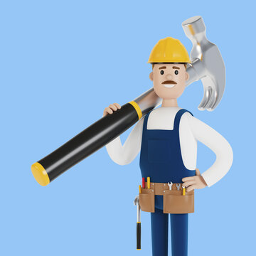 A builder with a hard hat and a big hammer. Construction worker. 3D illustration in cartoon style.