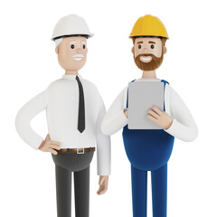 Two engineers in hard hats discuss a project using a tablet. 3D illustration in cartoon style.