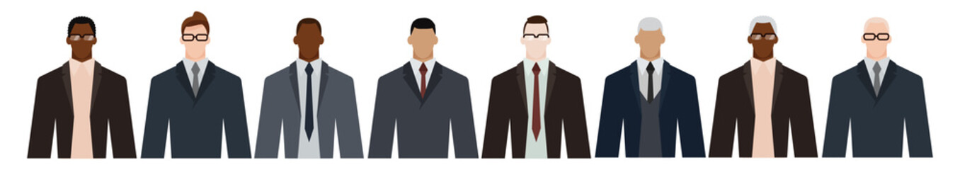 Obraz premium Group of diverse businessmen of adult and senior age, of different race, in office style clothes. Flat design vector illustration.