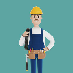Electrician construction worker with tools and with a wire 3D illustration in cartoon style.
