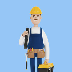 Electrician construction worker with tools and with a wire 3D illustration in cartoon style.