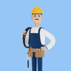 Electrician construction worker with tools and with a wire 3D illustration in cartoon style.