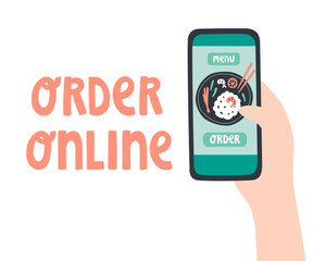 Cute vector illustration with hand holding smartphone in doodle style. Order food online from website. For blog, mobile apps, advertisement and website. Food delivery service. Asian traditional food