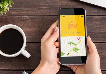 Lady Ordering Taxi On Smartphone Using Application Indoor, Closeup, Top-View