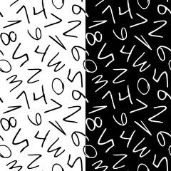 Mathematics vector background - different numbers in random pattern. White and black math background. School seamless vector pattern.