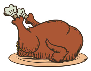 Delicious Stuffed Turkey over Plate in Retro Style, Vector Illustration