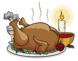 Delicious Dinner with Stuffed Turkey and Candle for Thanksgiving, Vector Illustration
