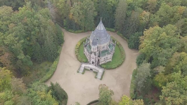 Aerial view of Schwarzenberg tomb from 18th century. Tomb is famous tourist attraction near Trebon, South Bohemia. Historical landmark from above in Czech republic, European union. gothic style