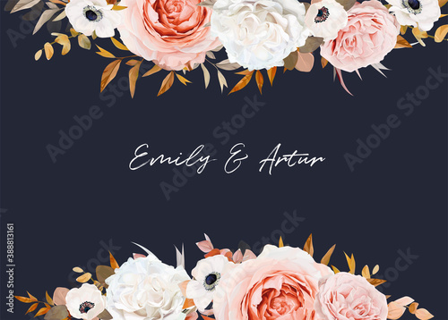 Wedding Invitation watercolour flowers blush pink or white with rose gold 