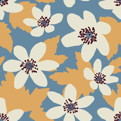 Seamless pattern in Scandinavian style with flowers and leaves. Background with anemone and leaves.