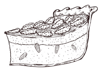 Isolated Delicious Pecan Pie Slice in Hand Drawn Style, Vector Illustration