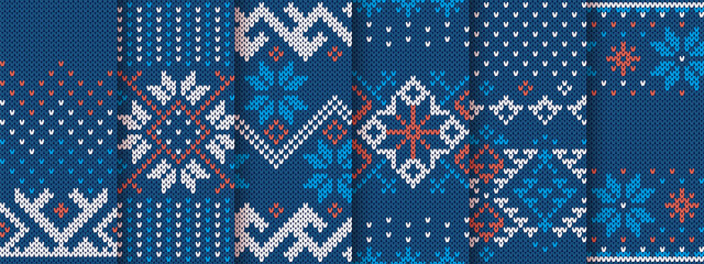 Obraz premium Knit seamless print. Christmas pattern. Vector. Blue knitted sweater texture. Xmas winter geometric background. Set holiday fair isle traditional ornaments. Festive crochet. Wool pullover illustration