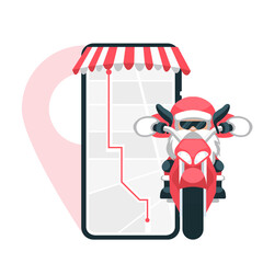 Design of santa claus making delivery on a motorcycle with location from the cell phone