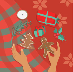 vector hand drawn illustration christmas still life, flat lay with gingerbread cookies, female hands, holly leaves and gift boxes on red tablecloth