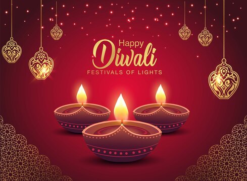  Happy Diwali celebration background. front view of banner design decorated with illuminated oil lamps on patterned red background. vector illustration