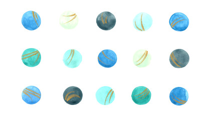 Gold design in circle with blue, dark blue, and green on white background