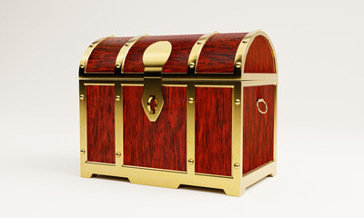 Treasure chest or retro treasure box Made with red painted wood and gold metal. Placed on white floor and background. 3D Rendering.