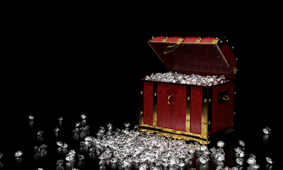 Many diamonds in a golden vintage treasure chest and falling down to the ground used for the Gem storage box concept. A treasure on black background and reflection on the floor. 3D Render.