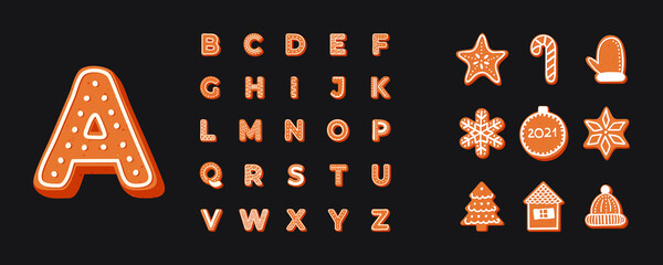 Christmas gingerbread cookies in the form of letters of the Latin alphabet. 26 letters and 9 figures gingerbread. Set of vector stock illustrations isolated on black background