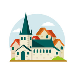 Estonian Tourist Attraction In Tallinn. St. Olaf Church. Old historical European city. Christian temple. White tower. Element of medieval town with house and red roof.